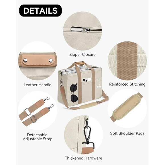 Light Khaki Canvas Tote Bag Large Work Bible Crossbody College Purse with Multip - Picture 5 of 6